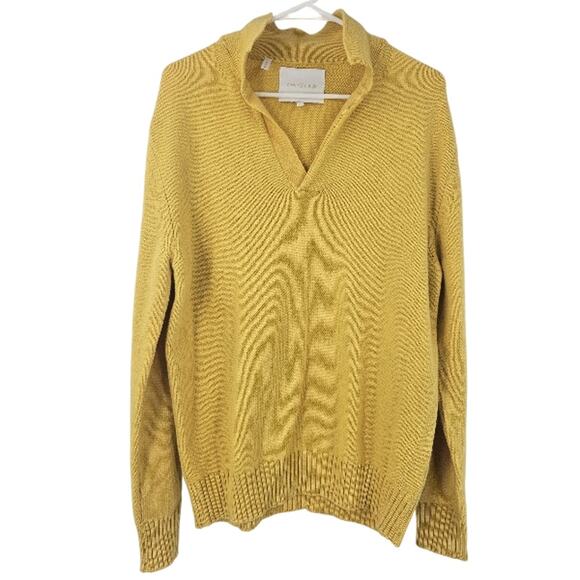 Seven Gauge Mens Sweater Yellow 100% Wool Knit Collared V-neck Pullover Size L - Picture 1 of 4